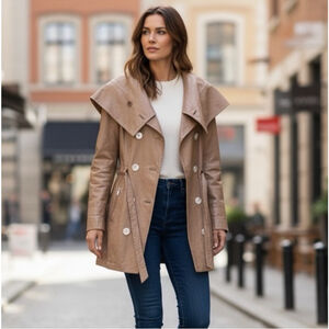 Sportmax Nappa Lambs Leather Double Breasted Cinch Shawl Collar Trench Coat US 8